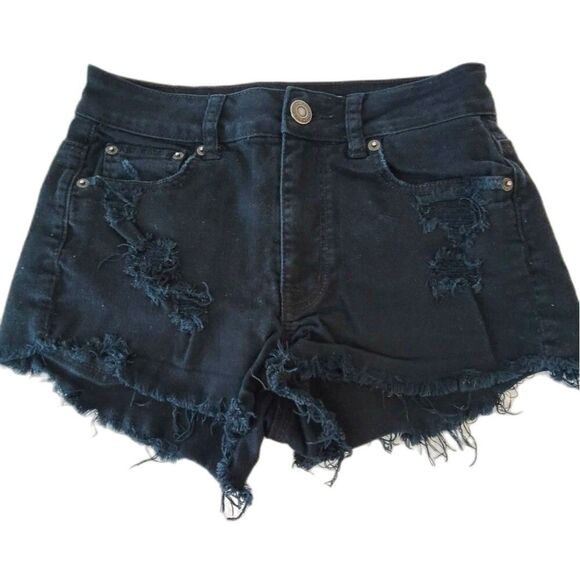American Eagle size 2 Hi-rise distressed Black Stretch 2" Shortie denim shorts - Picture 1 of 12
